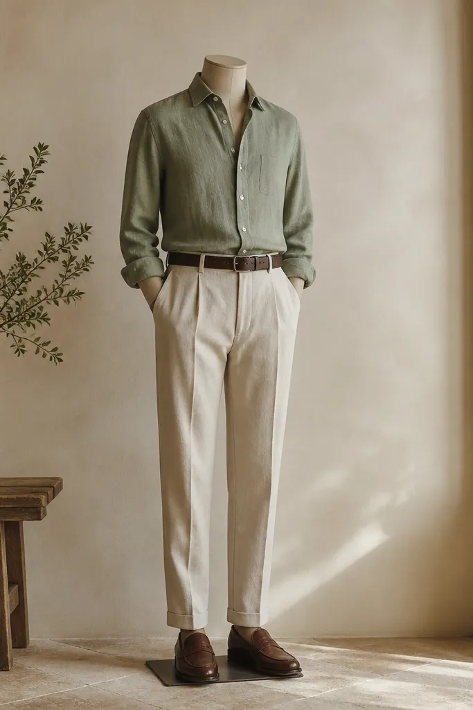 A mannequin-like display featuring a sage green linen button-down, sand trousers, a dark brown belt, and brown loafers.