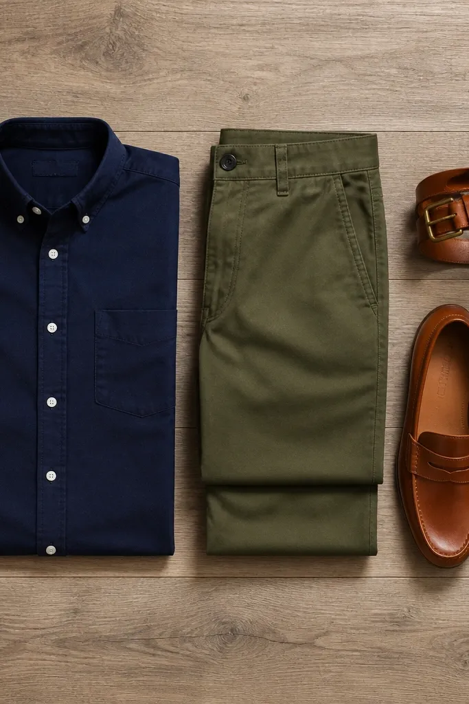 A styled top-down photo with a navy oxford shirt, olive chinos, cognac loafers, and a cognac belt neatly aligned.