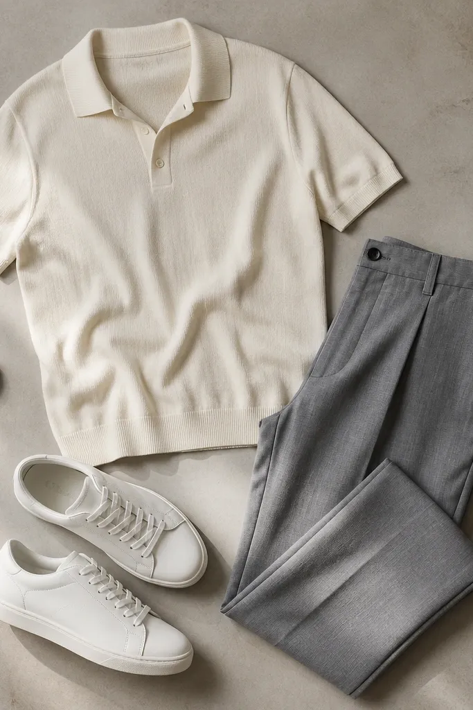 A flat-lay outfit: cream knit polo shirt, light gray slacks, white low-top sneakers, and a thin leather bracelet beside the polo.