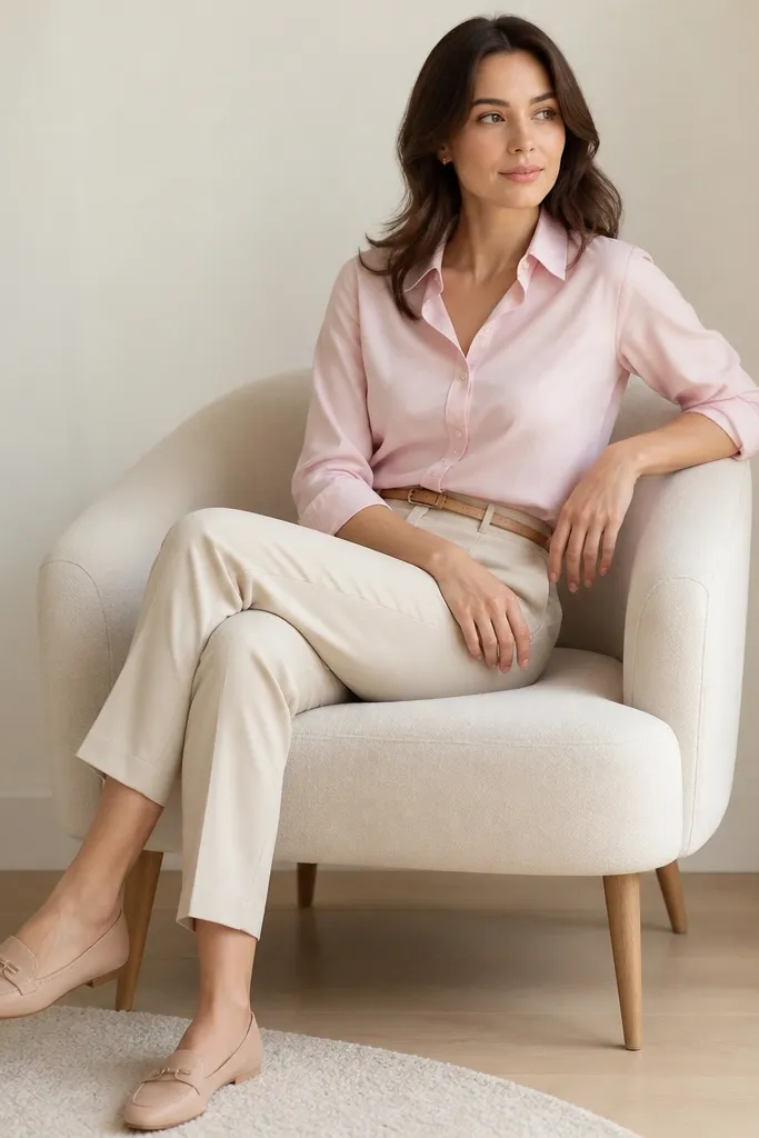 A full outfit view featuring a soft pink button-up, beige trousers, tan belt, and nude-toned flats or loafers on a light neutral chair.