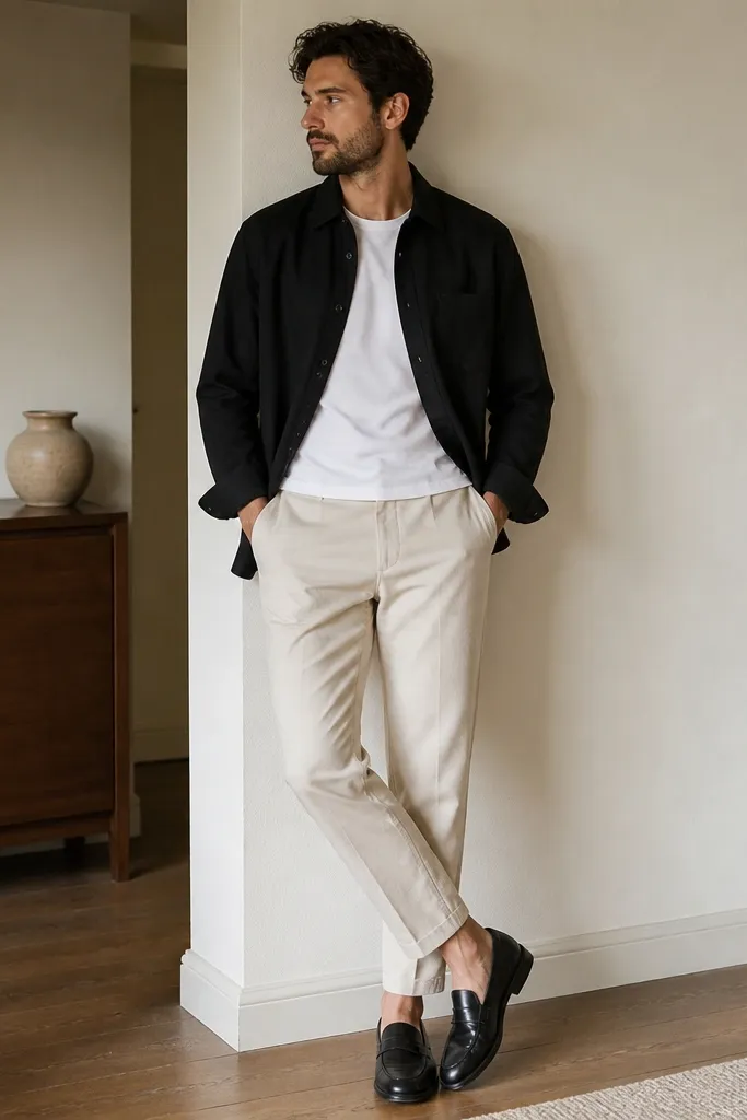 An outfit photo showing a black overshirt worn over a plain white tee, oatmeal chinos, and minimal black loafers.