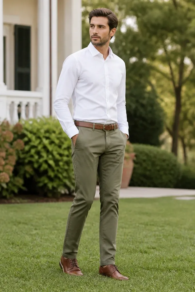 A bright outfit shot: white button-down neatly buttoned, olive chinos, brown belt, and brown lace-up shoes standing on grass.