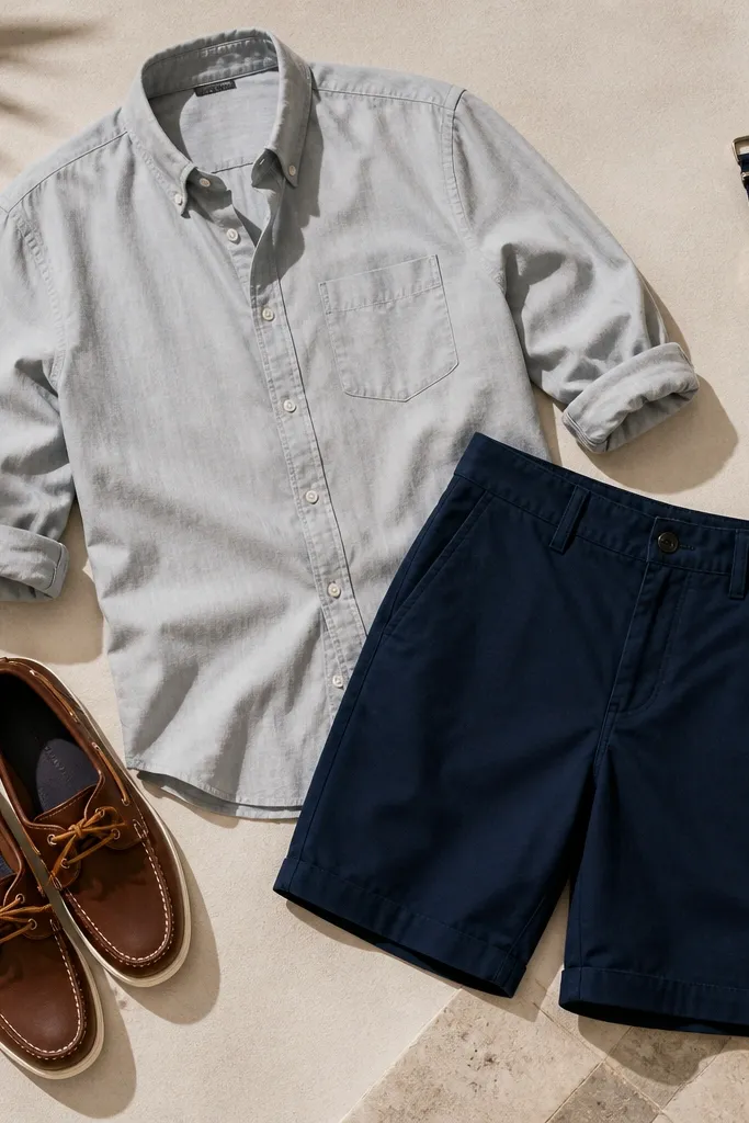 A summer-ready layout: light gray button-down, navy tailored shorts, boat shoes, and a watch placed beside the outfit.