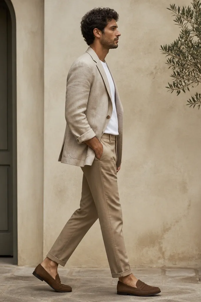 A crisp side view: beige linen blazer over a white tee, tan trousers, and loafers with the blazer sleeves rolled to show cuffs.