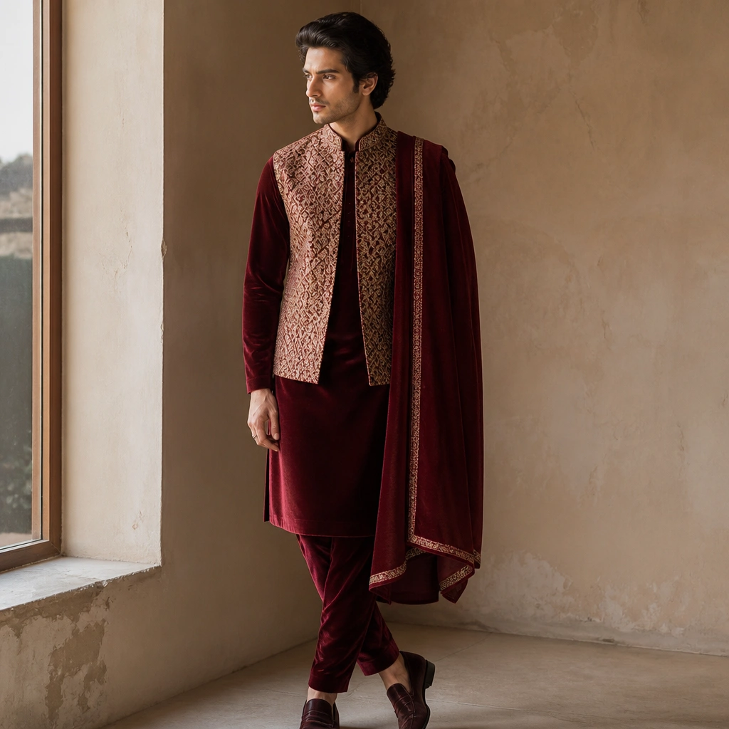 A model wearing a deep wine velvet kurta paired with slim trousers, layered with a short gold jaal-pattern jacket; a matching wine stole drapes over one shoulder.
