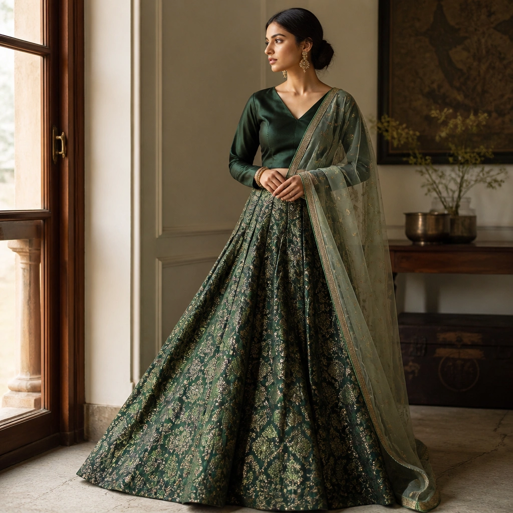 A coordinated set: a forest green brocade skirt with a wide flare and a satin blouse in deep emerald; a sheer dupatta with subtle zari work is worn over the shoulder.