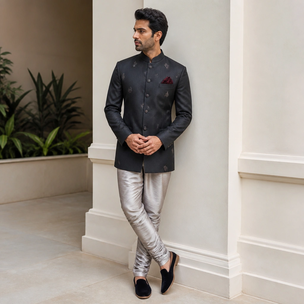 A man in a charcoal bandhgala jacket with subtle embroidery, paired with a silk churidar and a dark maroon pocket square; no long coat, just clean tailoring.