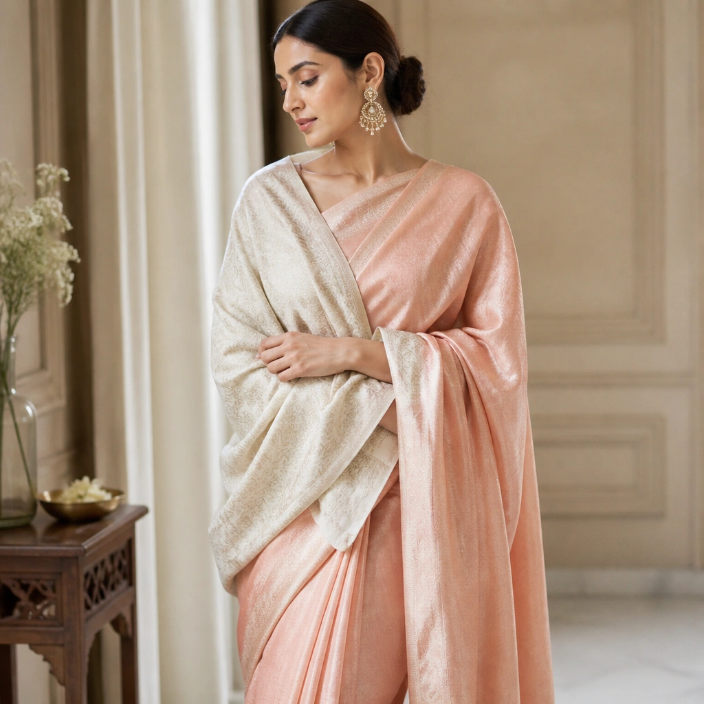 A pastel peach saree with a soft shimmer is styled with an ivory, patterned winter shawl draped across the torso; the pallu falls over one shoulder.