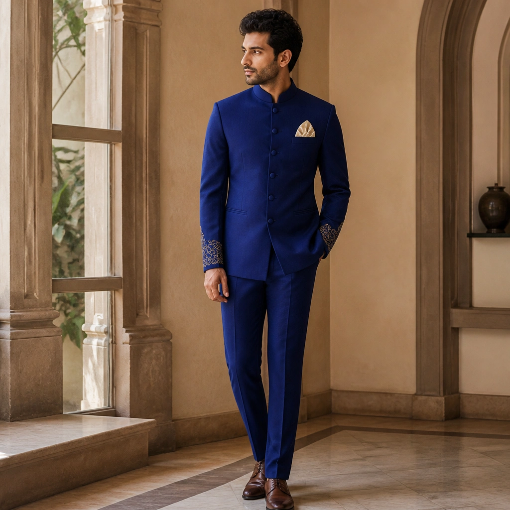 A cobalt blue indo-western jacket with embroidered cuffs and a band collar, styled with tailored straight pants; a cream pocket square peeks out.