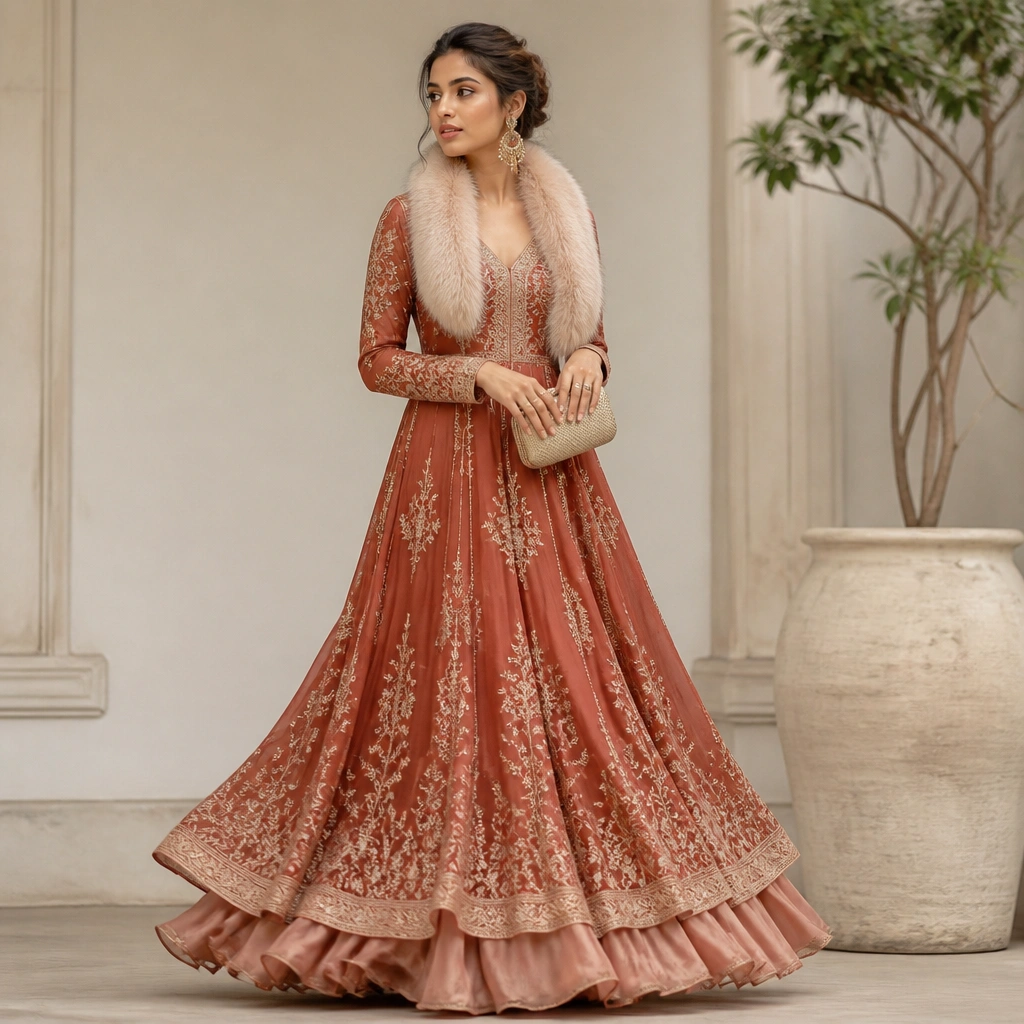 A rust and blush anarkali with a flared hem and delicate embroidery, styled with a light faux fur stole around the neck; earrings and a small clutch complete the look.