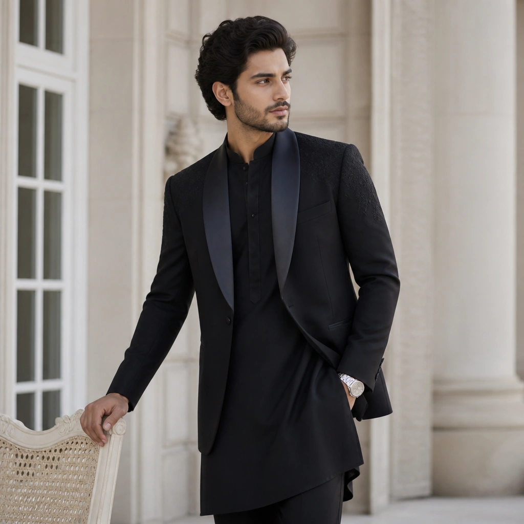 A black tuxedo-style sherwani with satin lapels and a short length, worn over a black kurta; the look is sleek with minimal embroidery and a silver watch.