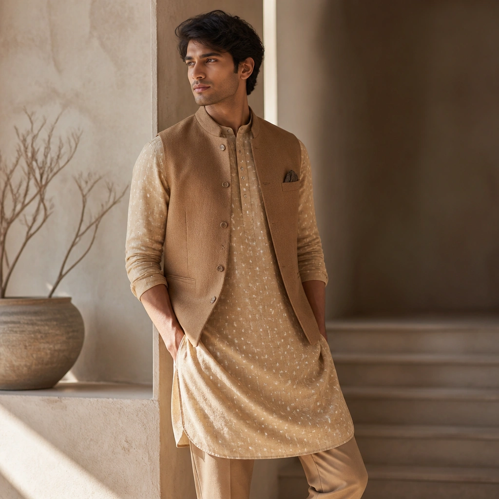 A sand beige bandhani kurta with small tie-dye dots, layered with a wool-blend waistcoat in camel; trousers match in a darker beige.