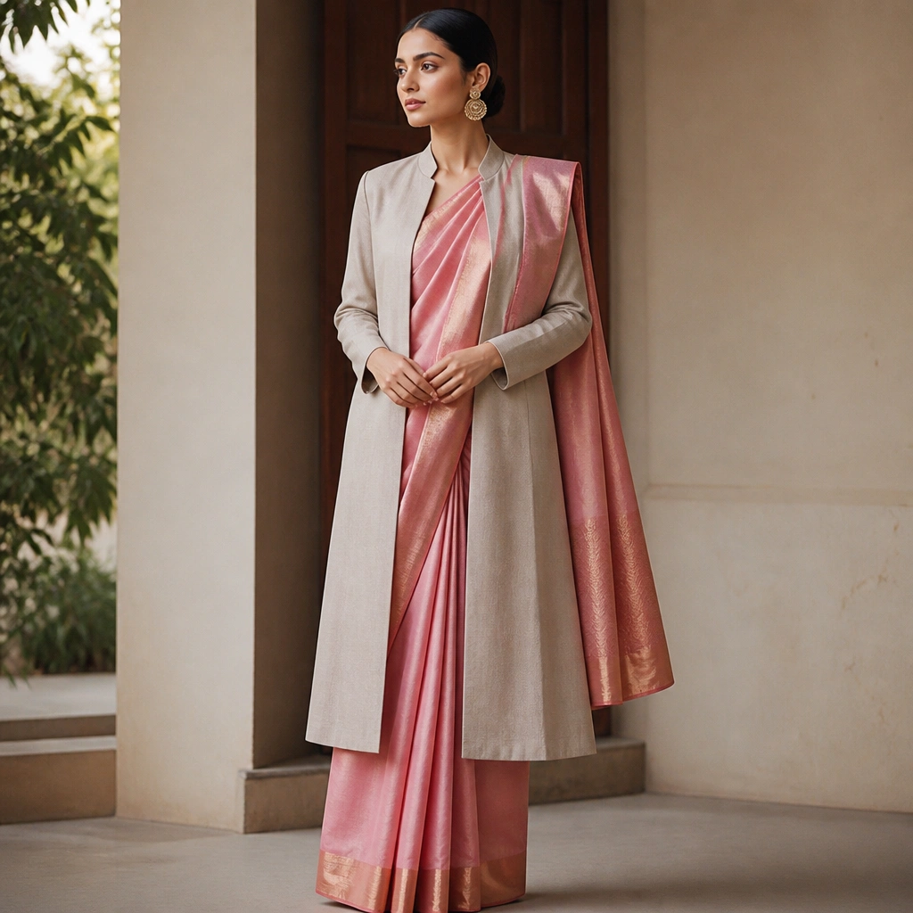 A rose pink satin saree with a copper zari border is worn under a longline coat in muted beige; the pallu is styled over one shoulder with a structured drape.