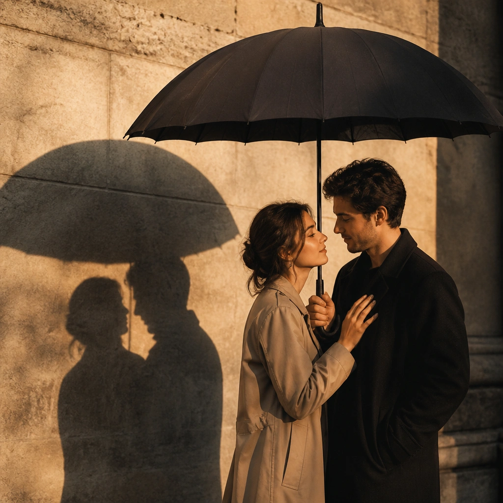 An open umbrella held above a couple’s heads, with dramatic umbrella-shaped shadows cast on a stone-textured wall behind them; warm, cinematic color grading.