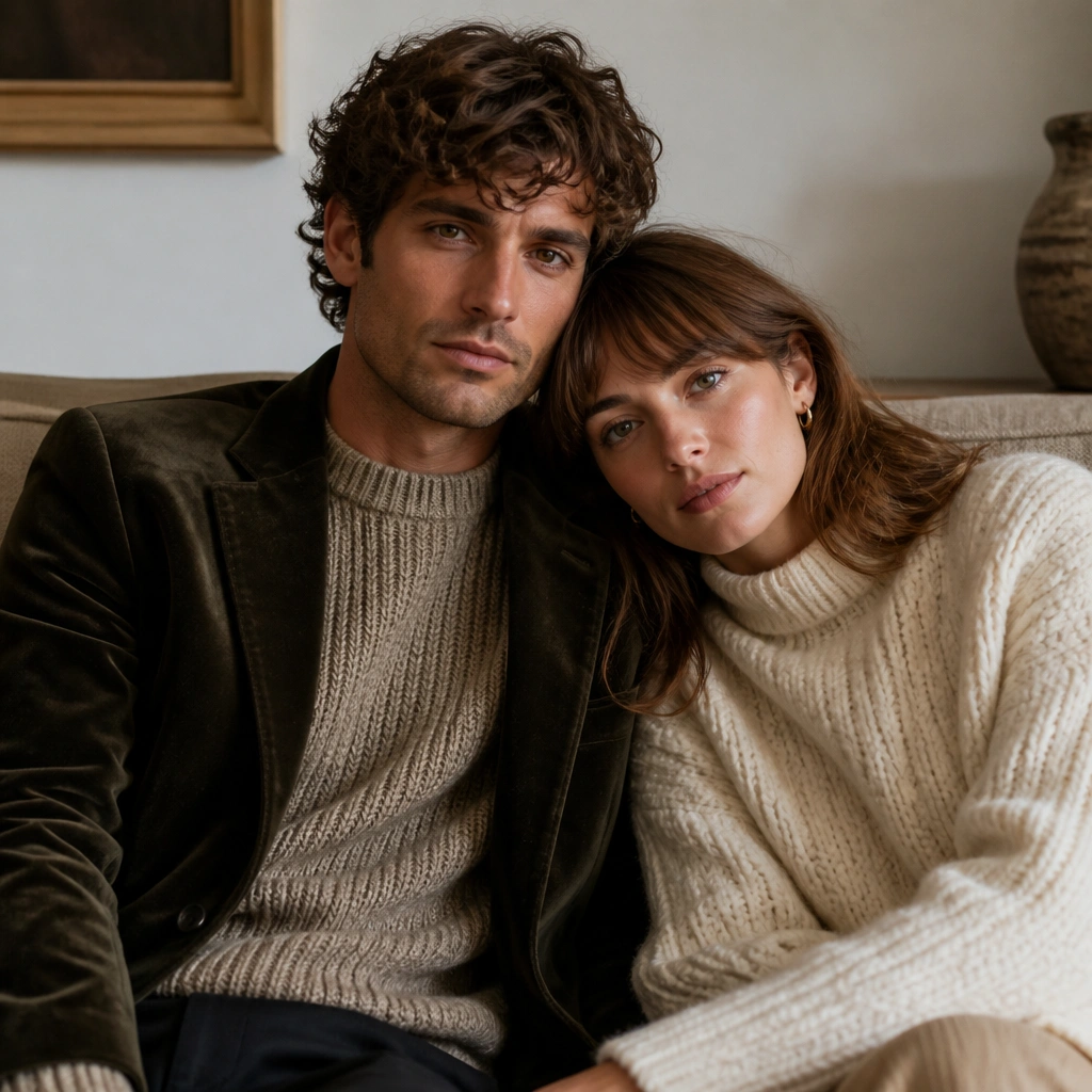 Close, waist-up portraits of a couple wearing velvet blazer and chunky knit sweaters, seated on a sofa; soft, neutral indoor styling with warm tones.