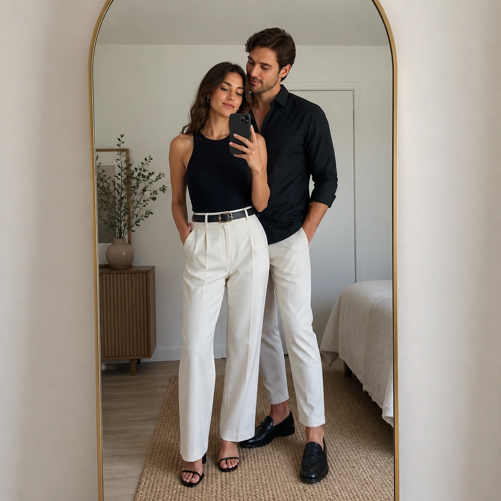 A full-height mirror reflecting a couple posing in coordinated outfits; the foreground shows the mirror frame while the background stays minimal and tidy.