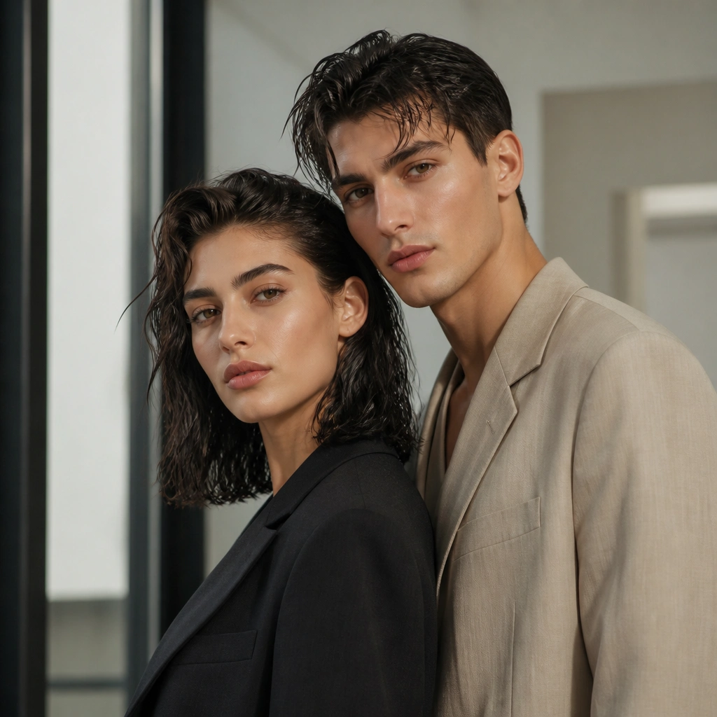 A couple posing indoors with styled wet-look hair shine; outfits are dry and structured while hair looks glossy under soft lighting.