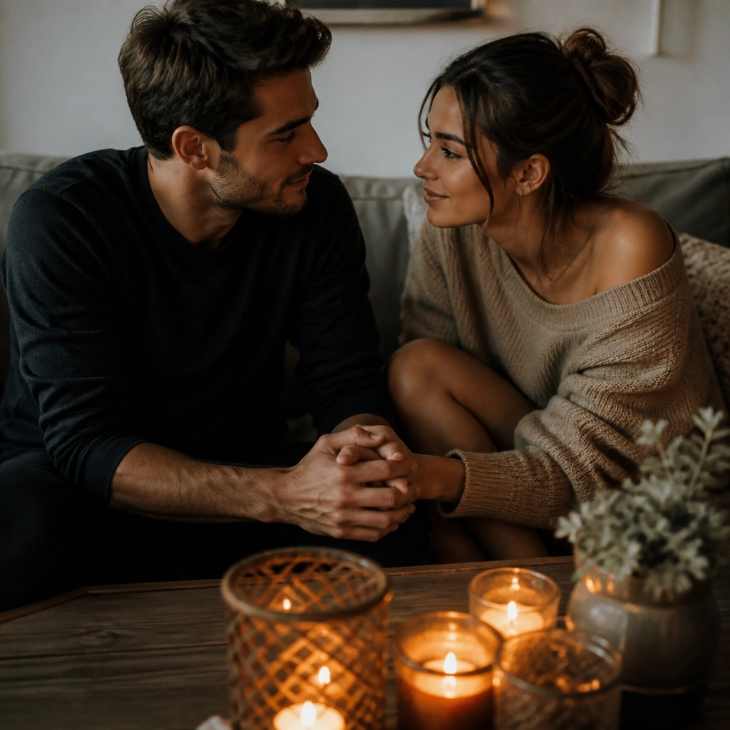 A close, intimate scene with candles on a coffee table; the couple holds hands and looks toward each other with warm, flickering light.