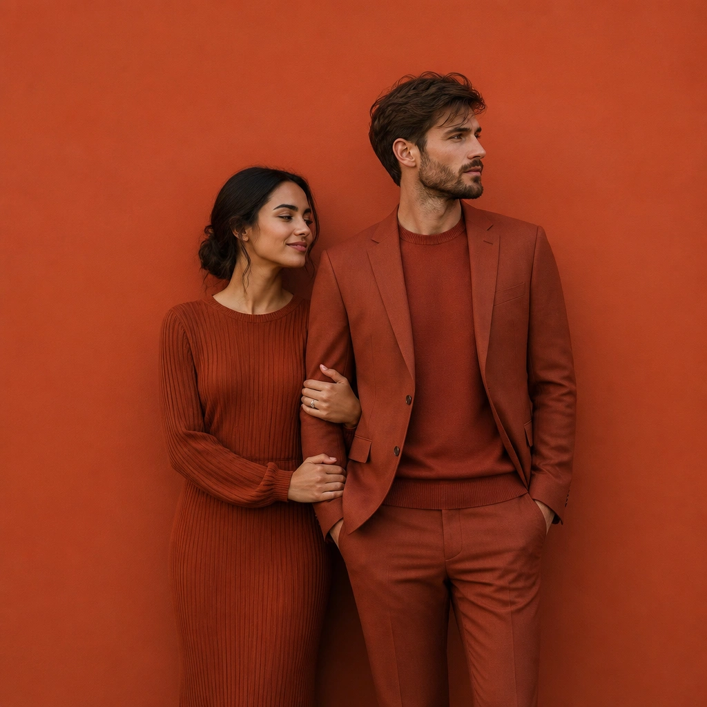 A couple photographed against a single bold color wall (emerald or terracotta) wearing monochrome outfits; crisp silhouettes and clean styling.