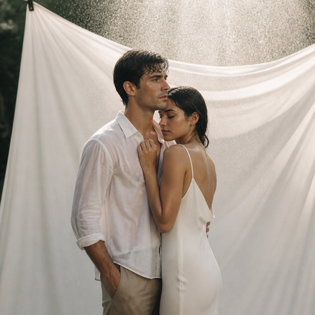 A white sheet hung like a backdrop with a couple standing in front; behind them, soft light creates a rain-like misty texture.
