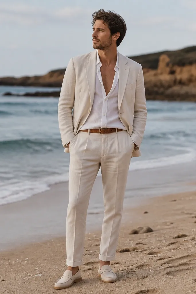 A man in an ecru linen blazer and matching trousers with the top shirt buttons open, standing on a sandy beach with the ocean behind him; tan belt and cream loafers visible.