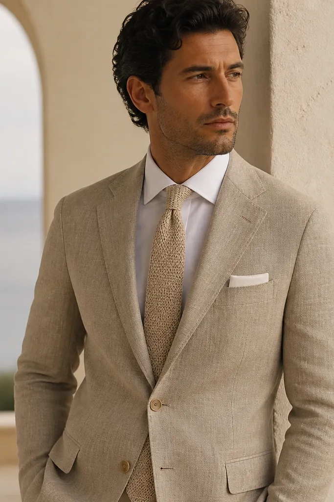 A sand linen jacket with an oatmeal knit tie, no jacket lining visible, and a clean square-fold pocket square in the breast pocket.