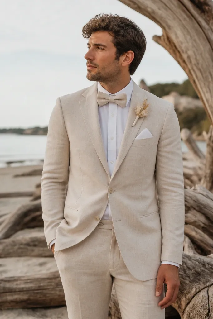 A cream linen suit with a matching cream linen bow tie and white pocket square; the groom stands with one hand in a trouser pocket near driftwood.