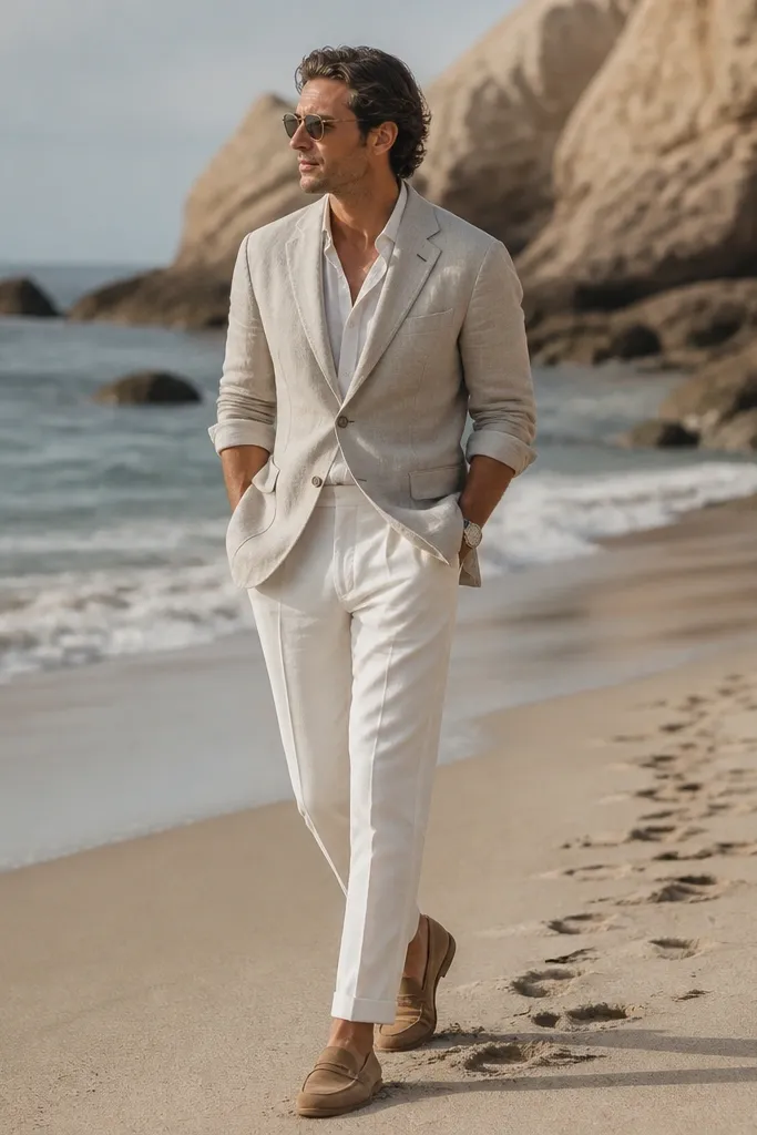 A linen jacket worn with sleeves rolled to mid-forearm, paired with tan loafers and a simple watch; beach footprints visible in the foreground.