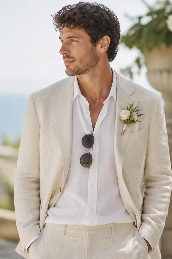 A groom wearing a white linen shirt under an unbuttoned light linen blazer, with no tie; sunglasses hang from the collar area.