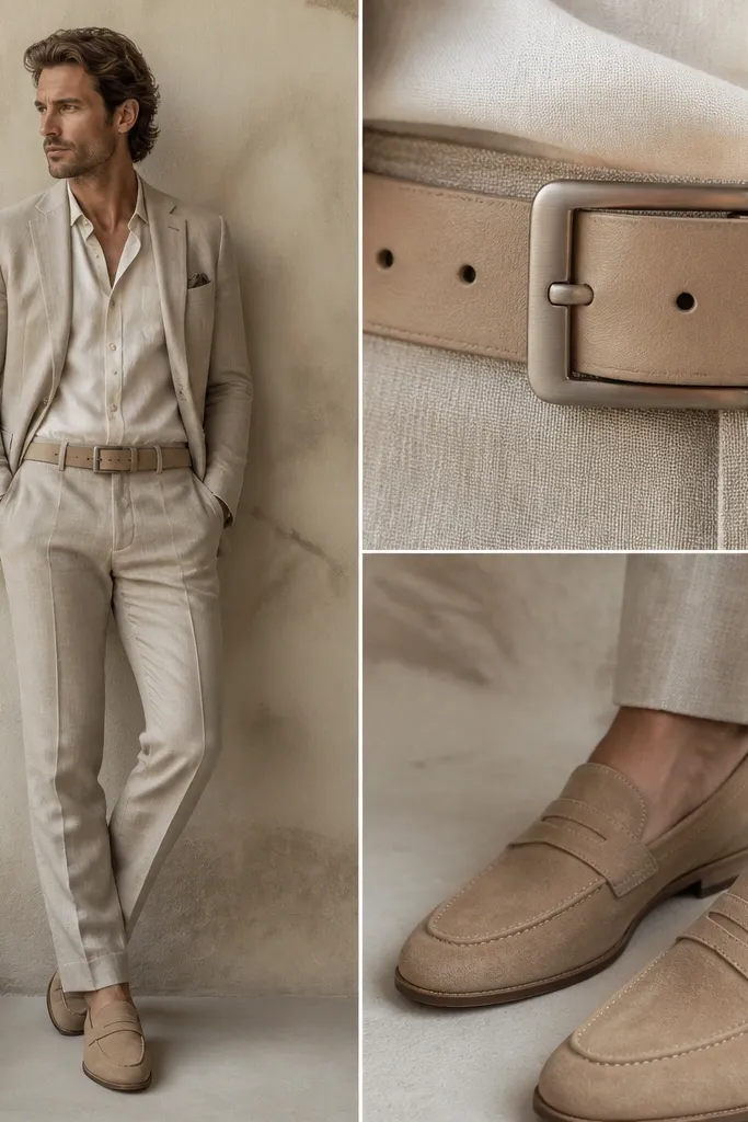 A stone linen suit with a matte tan belt and matching matte-toned shoes; close-up shows the belt texture and clean buckle.