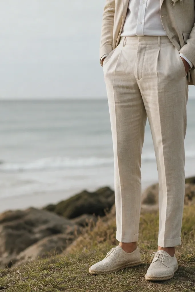 Beige linen trousers paired with espadrille-style dress shoes with textured weave; the groom stands near grass by the beach.