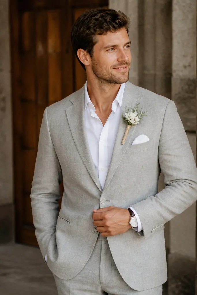 A light gray linen suit with a crisp white shirt and a small white pocket square; the groom’s watch and wedding boutonniere are visible.