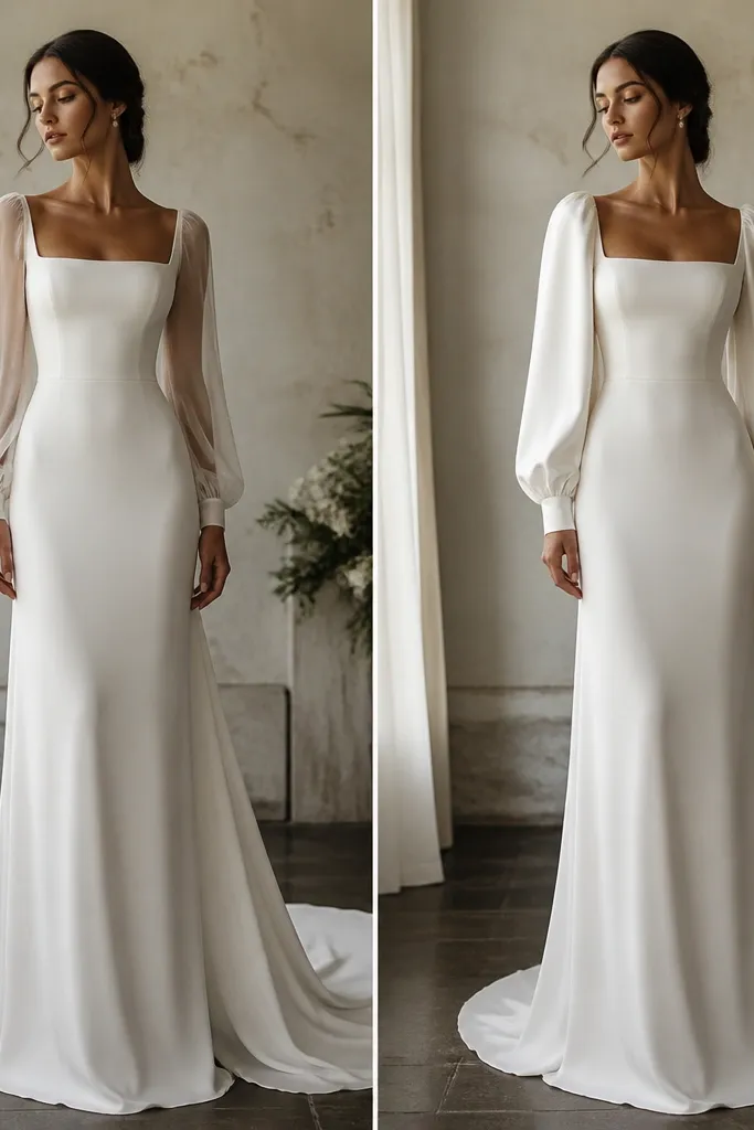 A side-by-side photo: the left shows a long sleeve wedding dress with translucent chiffon sleeves; the right shows the same dress with opaque satin sleeves, slightly fuller at the wrist.