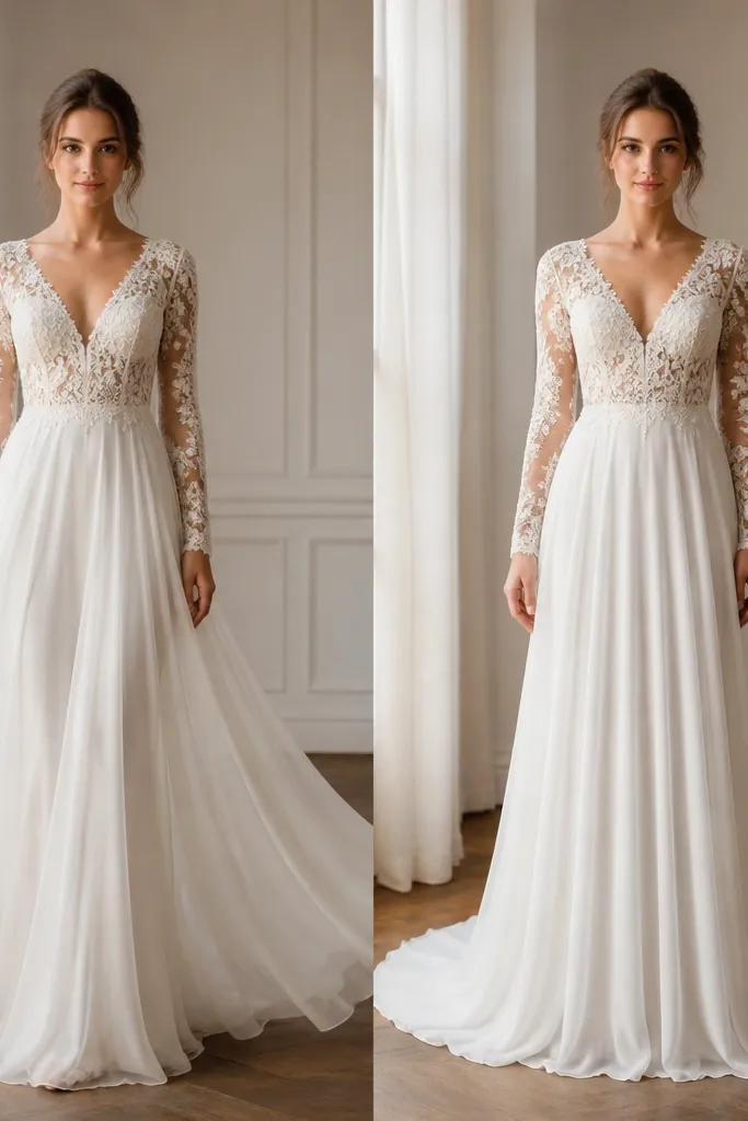 Two front photos of a long sleeve wedding dress: the before version has a lighter, drifting skirt; the after version shows a skirt that falls straighter with a subtle, heavier drape near the hem.