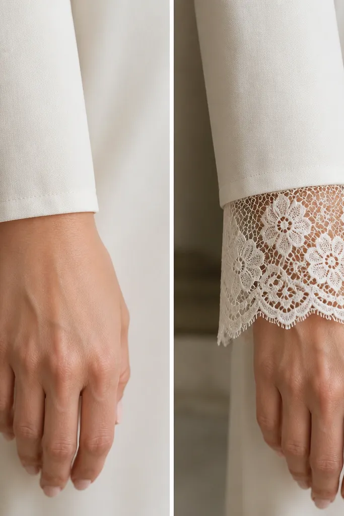 A before-and-after close-up at the wrist: the before sleeve is plain with a simple cuff; the after sleeve has a lace cuff that extends slightly past the wrist with scalloped edges.
