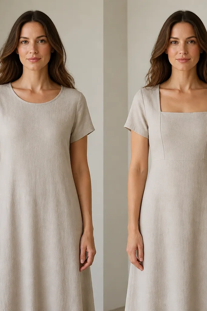 Two front shots: the before dress has a soft round neckline; the after dress shows a square neckline created by a fitted overlay with clean seam lines.