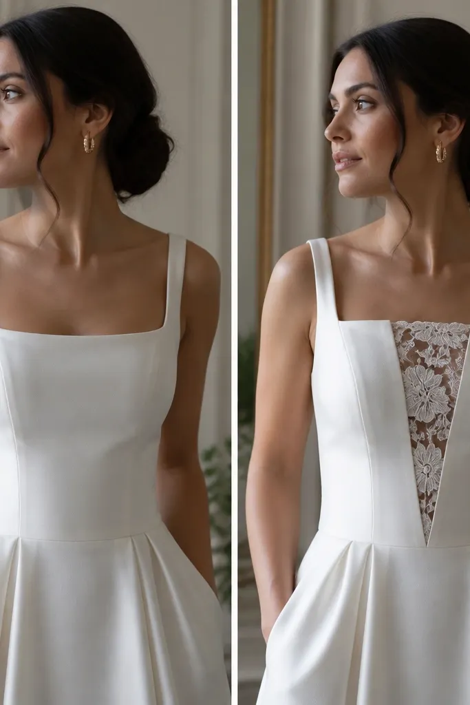 Two angled photos: the before shows a solid bodice; the after includes a lace panel inset on the center front with floral motifs aligned vertically.