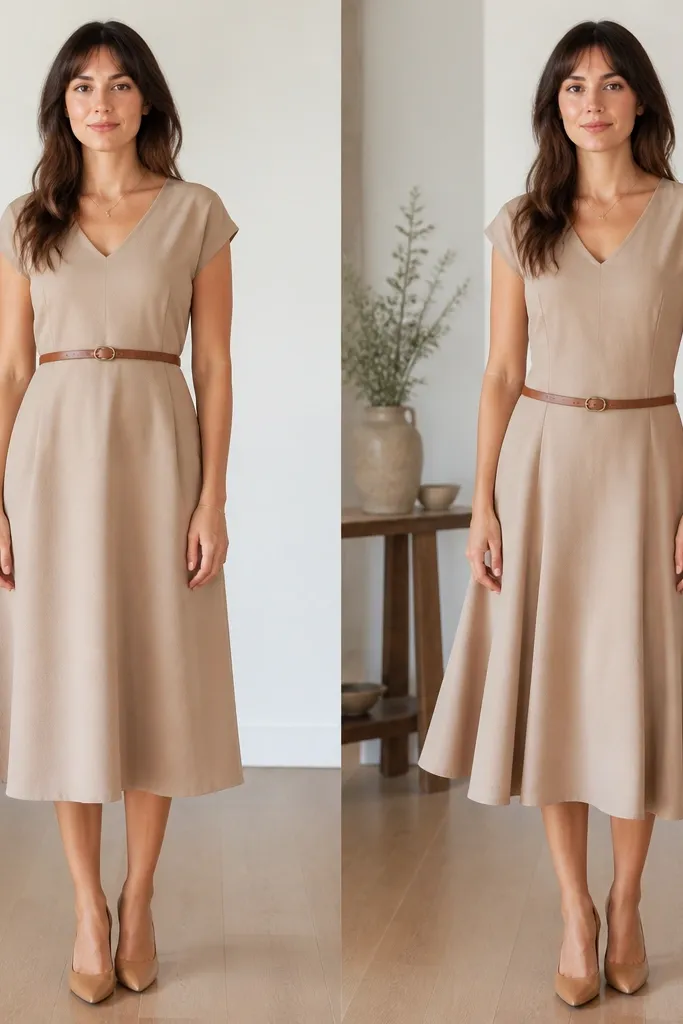 Two full-body photos: the before dress has a belt placed high near the natural waist; the after has the belt lowered slightly with a smoother waist seam and more flare from the skirt.