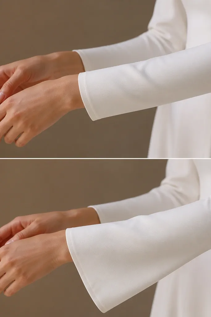 Two photos focusing on the arms: the before sleeve ends right at the wrist; the after sleeve is extended to a gentle “tea-length” with a slight flare at the cuff.