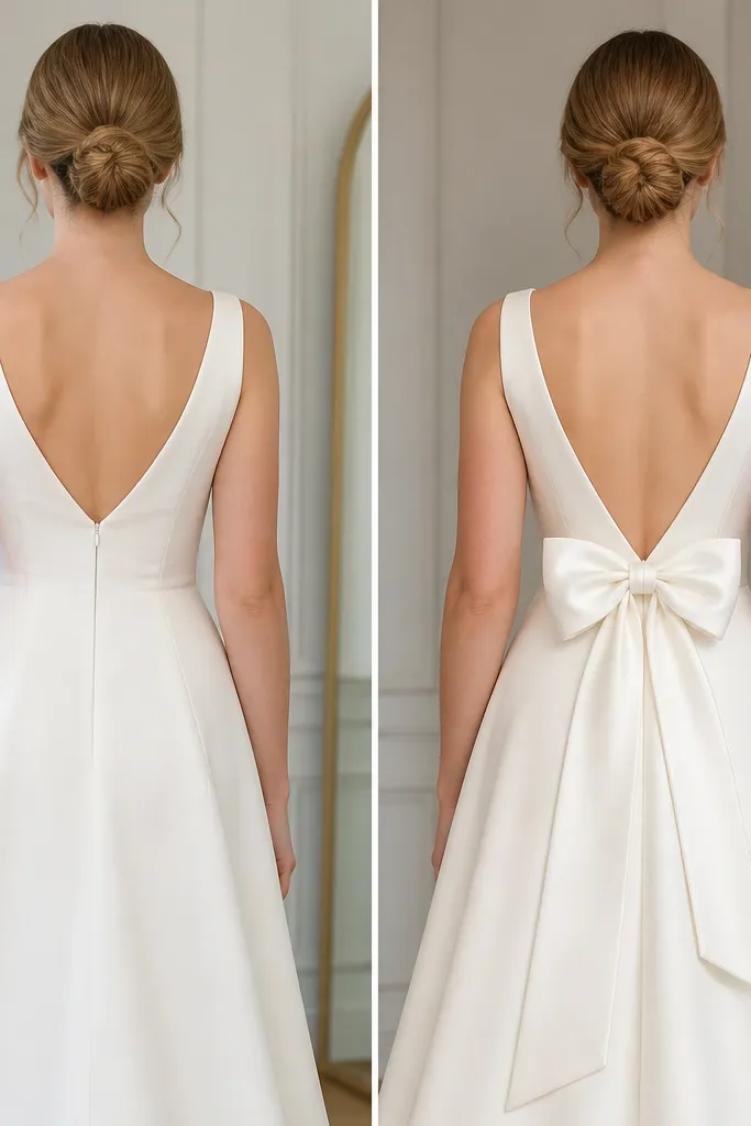 Two rear-view photos: the before dress has a plain back closure; the after dress features a satin bow centered at the lower back with long ribbon tails.