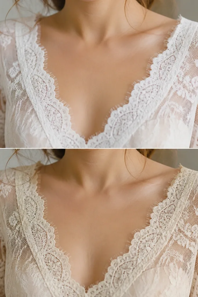 Two close-up photos of the neckline and sleeves: the before shows lace that looks too bright against the dress; the after shows the same lace adjusted or replaced to match the ivory undertone.