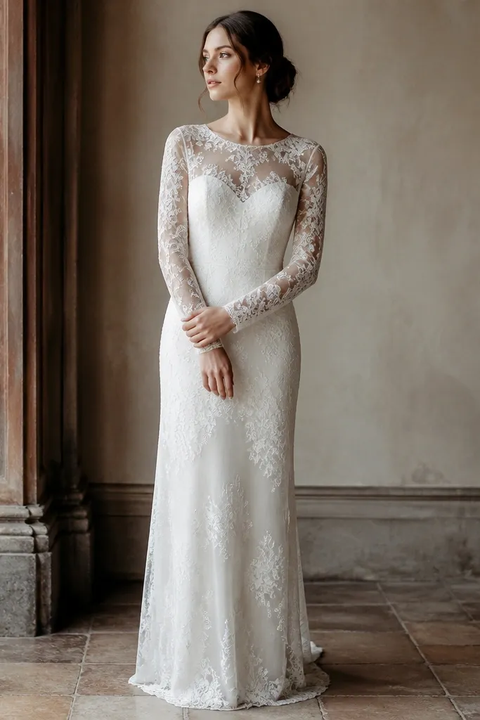 A white long-sleeve wedding dress with an illusion mesh neckline, delicate all-over lace sleeves, and a straight column silhouette that falls smoothly to the floor.