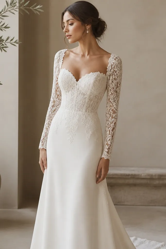 A fitted long sleeve wedding dress in ivory-white featuring a sweetheart lace bodice, tapered sleeves, and a softly structured waist with a subtle A-line skirt.