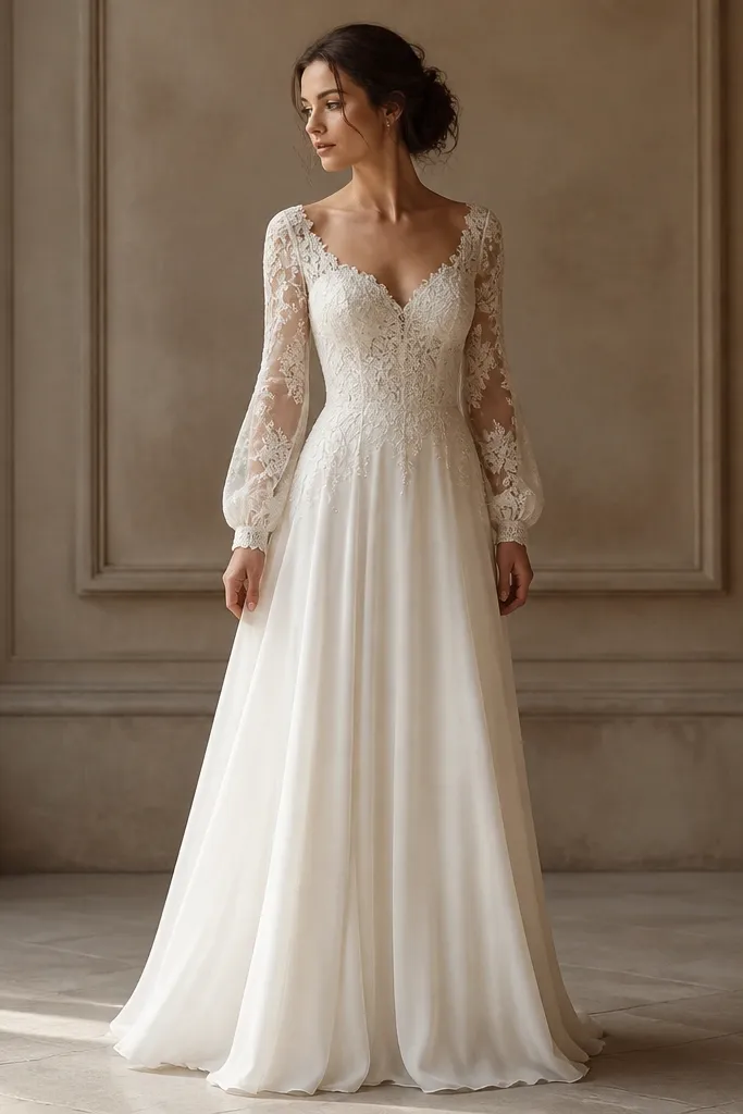 An ivory long sleeve wedding dress with lace bishop sleeves (looser at the forearm, gathered at the wrist) and a flowing, soft A-line skirt.