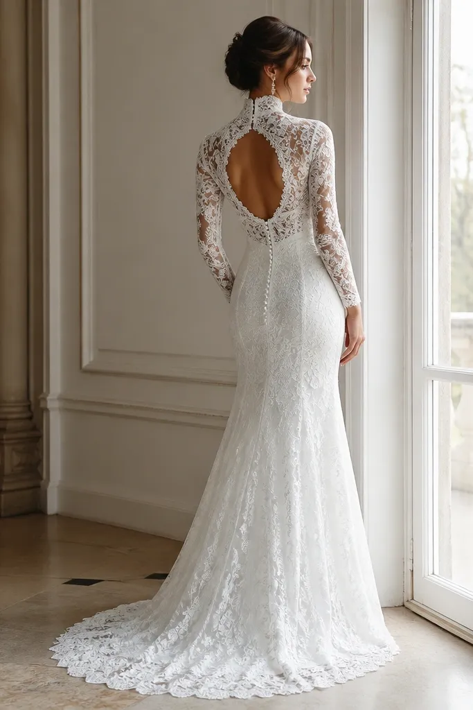 A high-neck lace wedding dress with long sleeves, a keyhole cutout at the upper back, and a fitted bodice with a lightly flared skirt.