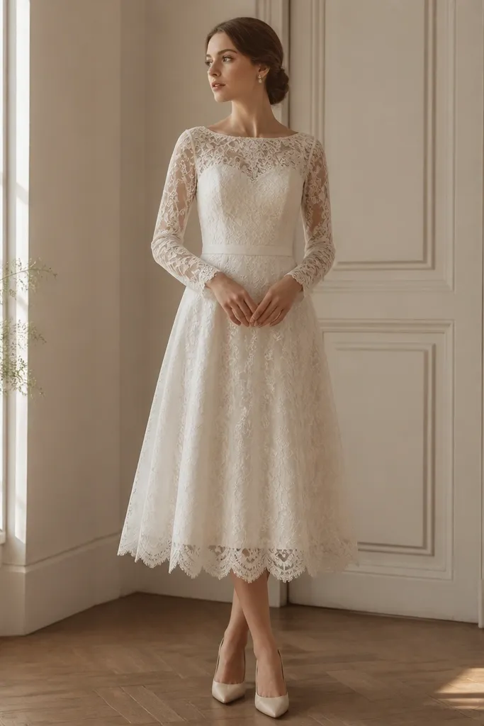 An off-white long sleeve lace wedding dress that ends at mid-calf, with a fitted bodice, lace sleeves, and a skirt that flares slightly into a tea-length hem.