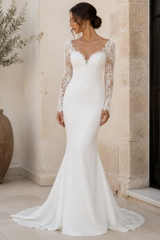 A mermaid silhouette wedding dress in white with scalloped lace edging on long sleeves, fitted hips, and a subtle train trailing behind.