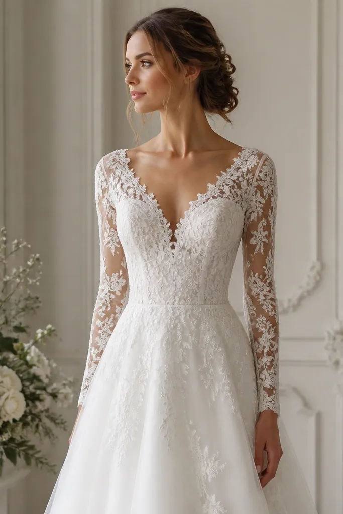 A white long sleeve wedding dress with a soft V-neck made of lace, floral lace detailing across the bodice, and a gentle A-line skirt.