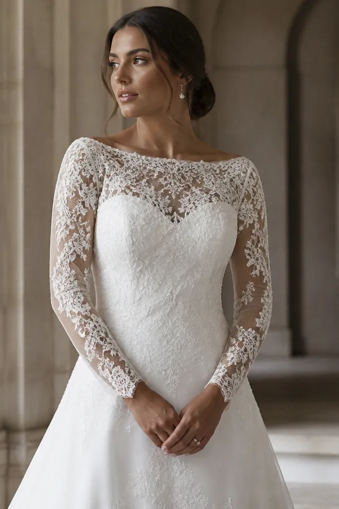 A wedding dress with matte satin lining under semi-sheer lace long sleeves, showing a smooth bodice base and detailed lace overlay.