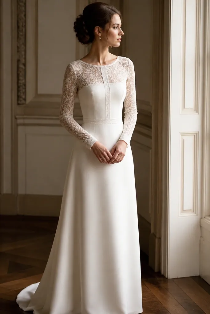 An ivory wedding dress with long lace sleeves featuring subtle velvet ribbon trim along seams and cuffs, plus a simple, elegant skirt.